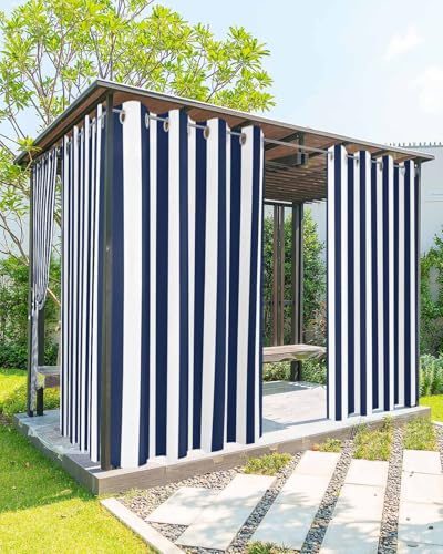 Striped Outdoor Curtains for Patio Waterproof Weatherproof,Navy Blue and White Outdoor Curtains, Sun Blocking Privacy Grommet Outside Curtains Stripe Drapes for Gazebo Porch Pergola,2 Panels,54W x 84L