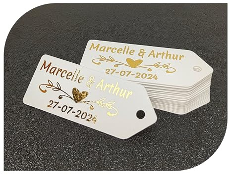 CrisPhy Personalisierte Namens- und Datumsetiketten, Gold, Silber, 50 Stück, Hängeetiketten, Ideal für Hochzeit, Taufe, Geburtstag, Party, Andenken