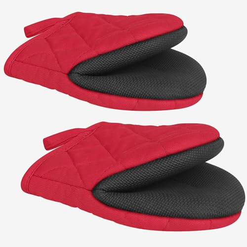 1 Pair Short Oven Mitts, Silicone Heat Resistant Kitchen Mini Oven Mitts High Heat Resistant 500℉, Non-Slip Grip Surfaces and Hanging Loop Gloves for BBQ, Baking, Cooking and Grilling (Red)
