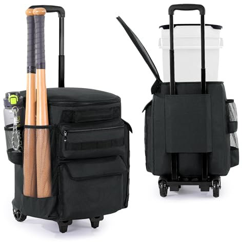 MABOZOO Baseball-Eimertasche mit Rollen, Softball-Tasche mit mehreren Taschen, Coaching-Zubehör für Bälle, Schläger-Handschuhe (Eimer nicht im Lieferumfang enthalten)