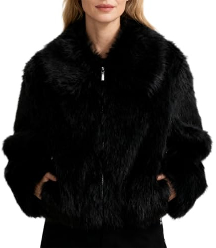 Amazhiyu Abrigo de piel sintética para mujer, chaqueta de invierno con cremallera y bolsillo, Bolsillo negro, XL