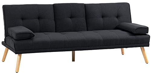 HOMCOM Divano Letto 3 Posti Reclinabile con 2 Braccioli Staccabili, Divano 3 Posti Imbottito Trasformabile in Tessuto e Legno con Portabicchiere per Soggiorno e Salotto, 181x77x78 cm, Grigio antracite