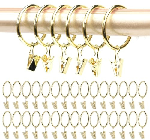 30 Stück Gardinenringe mit Haken - Gold Gardinenstange zum Klemmen, 32mm Innendurchmesser Vorhangringe mit Clips, Gardinenstange zum Klemmen für Vorhänge, Duschvorhänge, Wäscheleinen
