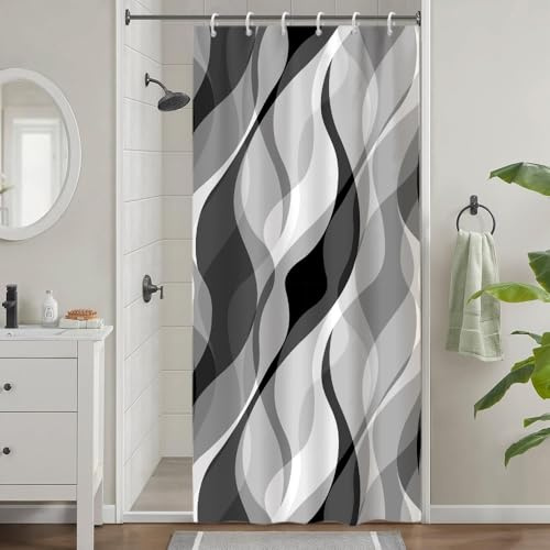Uiiooazy Tenda da Doccia Antimuffa 90x180cm Grigio Righe Nero Sfumata | Tenda da Doccia Gradiente Astratta Striscia Impermeabile Tessuto in Poliestere Lavabile per Vasca da Bagno con 6 Anelli