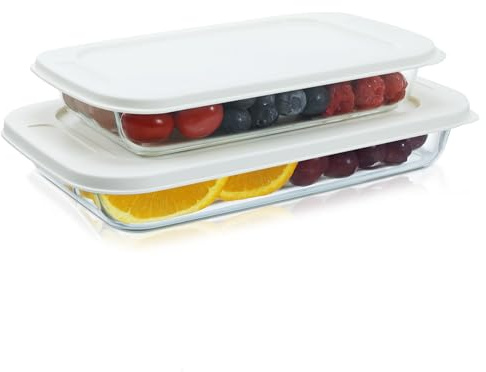 Navaris 4-Piece Glass Baking Dish Set with Lids, 1.6L/2.2L Borosilicate Glass Casserole Dishes, Rectangular Glass Bakeware Set, Baking Pans for Lasagne, Leftovers, Dishwasher, Oven