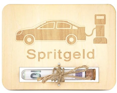 TAKULA Spritgeld Geschenk Tankgutschein Verpackung für Fahranfänger | Hochwertige Holzbox, Tankstellen-Design, 16x12cm, Reagenzglas für Bargeld, für Fahranfänger & junge Fahrer geeignet