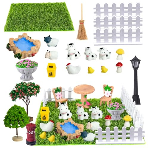 Ftrule Lot de 25 accessoires de jardin miniatures pour maison de poupée, mini meubles de jardin, mini kit de décoration de jardin, avec gazon artificiel, animaux, arbre, clôture, pour maison de poupée
