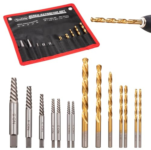 Toolwiz Lot de 14 extracteur de vis cassée Easy Out avec sac en toile jeu d'embouts de forage à gauche et kit extracteur de tarauds de boulons cassés pour goujons enlever les vis, boulons, écrous