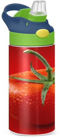 JUMBEAR Red Tomato Bouteille d'eau isotherme pour enfants de 350 ml, bouteille d'eau de sport isotherme avec couvercle à paille, bouteille d'eau en acier inoxydable pour l'école, garçons et filles