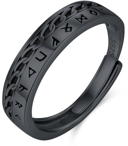 Odinstone Anillo Hombre Anillo Vikingo Plata de Ley 925 Negro Runas Ajustable Anillos Joyería Gótica