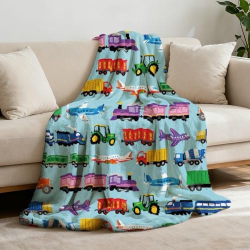 GLOBLELAND Cobija de franela de 59 x 51 pulgadas, diseño de trenes, aviones y camiones, color azul, lavable, mullida, para sofá, silla, sofá, cama, dormitorio, hogar