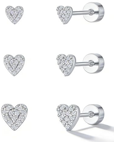HANLI 3 Pairs Heart Flat Back Earrings Sterling Silver Cubic Zirconia Hypoallergenic Helix Piercing Jewellery Stud Earring Gifts for Her Women
