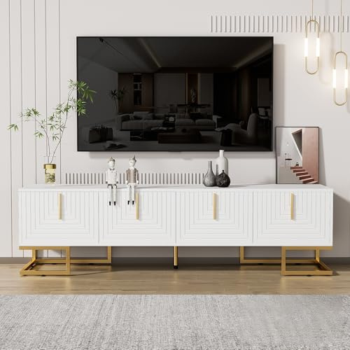 Gxffipw TV Schrank Lowboard Länge 170 cm für Fernseher bis zu 70 Zoll, Fernsehschrank TV Board Weiss mit Strukturierter Tür, Wohnzimmerschrank mit Goldenen Griffen und Füßen, Wohnzimmer Möbel