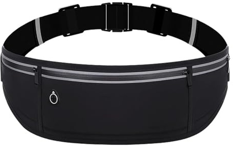 Slim Running Belt Fanny Pack for Men Women, Adjustable Running Phone Holder with 3 Pockets, Reflective Fitness Fanny Pack for Phones up to 7.2 inch, Water Resistant Sports Waist Bag, Black
