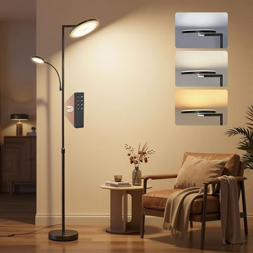 VASAGLE Lampada da Terra LED Regolabile in Altezza, Piantana 42 W, Testa Orientabile, Camera da Letto Ufficio, Luce da Lettura, Timer, Pulsanti e Telecomando, Nero Opaco LFL028BD02