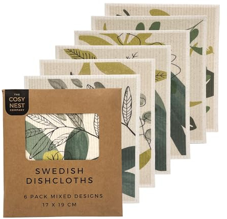 The Cosy Nest Company Swedish Dishcloths Pack of 6, Reusable Dish Cloths for Washing Up, Absorbent Sponge Cloths for Kitchen Cleaning, Eco Friendly Compostable Plastic Free, Leaf Design
