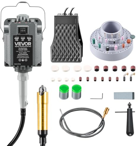 VEVOR Amoladora de Eje Flexible 1200 W 30.000 RPM, Herramienta Rotativa Eléctrica de Eje Flexible, Amoladora Colgante con Control de Pedal, Kit de Accesorios de 112 Piezas para Lijar, Pulir, Cortar