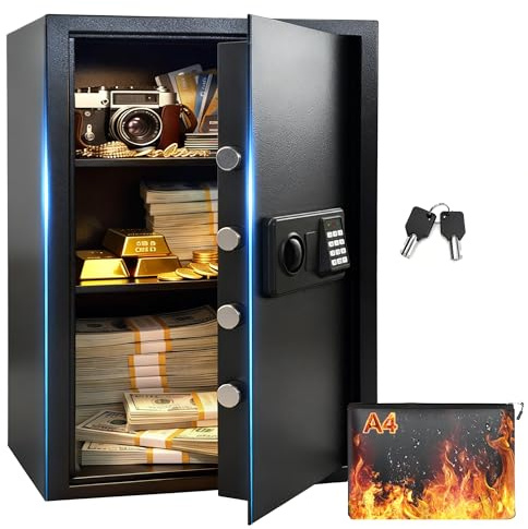 MoraRise Large Fireproof Safe Box with Fireproof Document Bag, 3-Removable Shelf Personal Home Security Safe with Digital Keypad, LED Light, Anti-Theft Lock Box (Black, 75L)