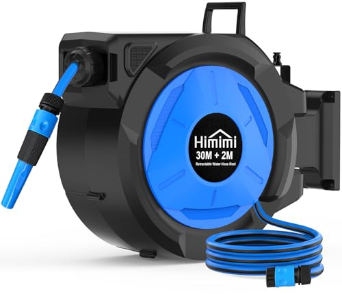 Himimi Carrete Manguera Jardín Retráctil 30+2m Pared Automático, Carrete Auto-Rewind con Pistola Riego 10 Funciones, Giratorio 180° para Limpieza Fácil & Riego Exterior (30m, Pistola estándar) | Retractable, montado en la pared, rebobinado automático