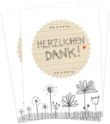Eine der Guten 10 Dankeskarten - Herzlichen Dank! - mit Blumen, Danksagungskarten Set aus Recyclingpapier in Weiß Grau Beige für deine Hochzeit, Geburtstag, Taufe etc.