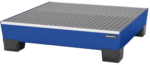 eurokraft | Stahl-Auffangwanne mit Kunststoff-Füßen | LxBxH 1240 x 1210 x 295 mm | blau | mit Gitterrost