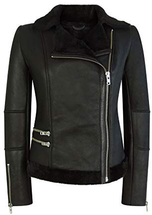 Infinity Giacca Vero Montone Morino da Donna Corta Aderente con Zip Nera Chiodo Nero L - 14