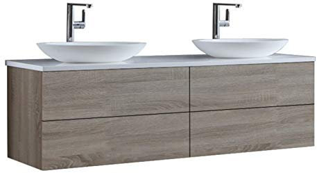 StoneArt Badmöbel Set mit Mineralguss Waschbecken Waschschale Aufsatzwaschbecken und Unterschrank Waschtisch Einzel- oder Doppelwaschbecken Brugge BU-1601pro-3 Eiche hell 160cm