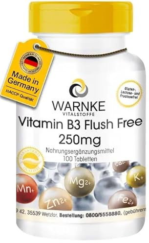 Vitamin B3 Tabletten - Nicotinamid - Flush Free - 250mg - vegan - 100 Tabletten | Warnke Vitalstoffe - Deutsche Apothekenqualität