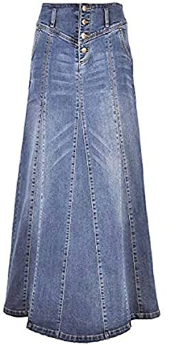 CHARTOU Women's Retro Exposure Button-Fly Packaged Hip A-Line Maxi Long Denim Skirt (Small, Light Blue)