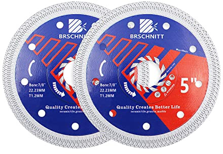 Super Thin Diamond Porcelain Saw Blade with X Teeth,BRSCHNITT 2pcs 5 Inch (125mm) Diamond Cutting Disc with Reinforced Core Center for Dry/Wet Cutting Porcelain Tile Ceramic Marble Granite