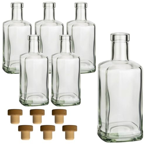 gouveo Set 6 Bottiglie Vetro 500 ml Farmacista Quadrato con Tappo in Sughero (HGK) - Bottiglia 0,5 l da Riempire e Regalare - Bottiglia Vuota per Gin, Liquore, Olio, Aceto (AFET500HGK)