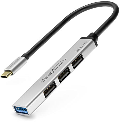 deleyCON USB C HUB 4 Port Verteiler Mehrfachstecker USB Splitter bis zu 5 Gbps - Aluminium Gehäuse, 15cm, für PC, Laptop, Notebook, MacBook, iMac, iPad, iPhone, Galaxy, Smartphone, Tablet - Silber
