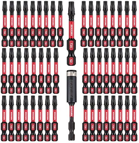 GEINXURN 50 Stück T25 5,1 cm Schlagfeste magnetische #25 Torx-Kopf-Bits, S2-Stahllegierung, T25 Schraubendreher-Bit-Set mit 1 Schlag-Bithalter