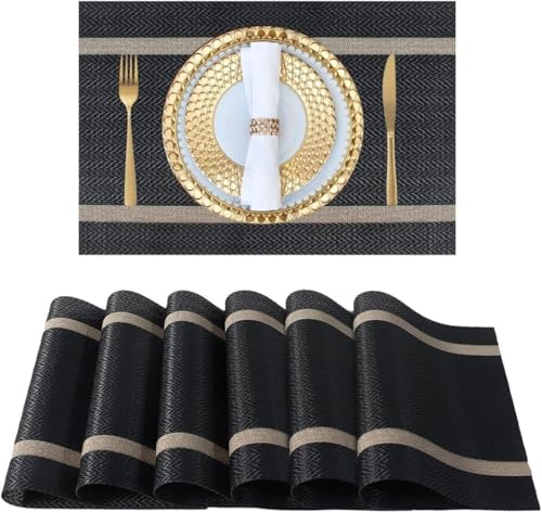 FAVE 6er Set Vinyl Platzset mit Goldfäden, Schwarz, 30 x 45 cm | Hitzebeständig, leicht zu reinigen, elegante Tischdeko, Abwaschbar & wasserfeste Platzsets für Bankette, Feiern Restaurants