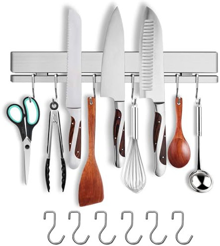 HomeSimplex 12 Inch Magnetic Knife Holder for Wall with 6 Hooks No Drill-Double Magnetic Bar Strong Adhesive Knife Magnetic Strip-Kitchen Utensil Hanger-304 Stainless Steel Magnetic Kitchen Knife Rack