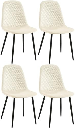 CLP 4er Set Esszimmerstuhl gepolstert Giverny, Stoffstuhl mit Ziernähten und Bodenschonern, Sessel belastbar bis 150 kg, Farbe:Creme, Material:Samt
