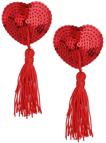 Dimeho Women Breast Pasties Reusable Nipple Stickers Cover Adhesive Heart-Shaped Breast Bra with Sequins Tassel