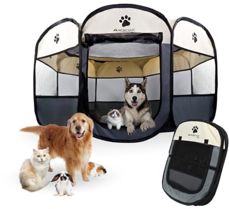 Mobiclinic® Pets, Welpenauslauf, Faltbar, 114x114x58 cm, Scooby, 2 zugänge, 8 Fenster, Gummiband zum verstauen, Europäische Marke, Für drinnen und draußen, Mesh-gewebe 600d, Leicht zu reinigen, Grau