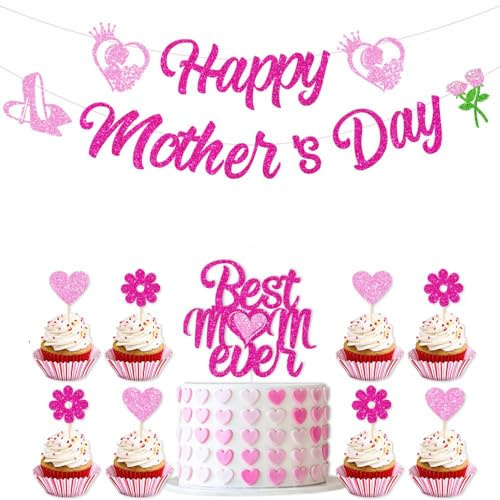 WchoeSS Happy Mother's Day Banner, Pink Glitter Mothers Day Decorations, Mother's Day Cake Toppers, Cupcake Toppers, Party Hanging Decorations