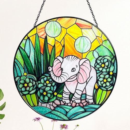 Stained Glass Elephant Suncatcher - 7.8 Window Hangings Sun Catcher Decorative Art Piece for Home and Garden Indoor & Outdoor