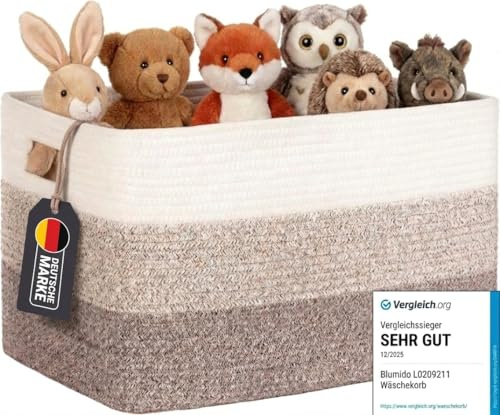 Wäschekorb Geflochten Groß TESTSIEGER aus Baumwollseil, 72L Aufbewahrungskorb mit Griff, Korb für Decken, Laundry Basket für Kleidung, Spielzeug, Kinderzimmer, 55 x 43 x 30 cm, Farbverlauf Braun