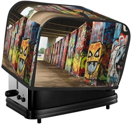 Roadside Graffiti-Wand-Toaster-Abdeckung, 2 Scheiben, für kleine Geräte, mit Taschen, Toaster, Staubschutz mit Griff oben, waschbar, universelle Brotbackmaschinen-Abdeckung für Küche