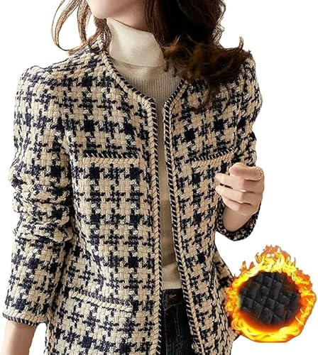FM2018XSL Vestes Tweed Femmes Open Front Plaid Tweed Costume Jacket, Élégante Veste de Travail D'Entreprise Printemps Automne Hiver, Noir + épaisseur, XS