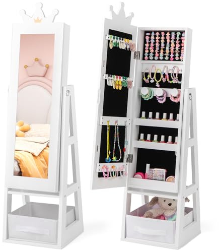 DREAMADE 3-in-1 Kinderspiegel mit Schmuckschrank & Stoffbox & Ablage, Kinder-Kosmetikspiegel aus Holz, Freistehender Standspiegel für Kinder ab 3 Jahren (Undrehbar, Weiß)