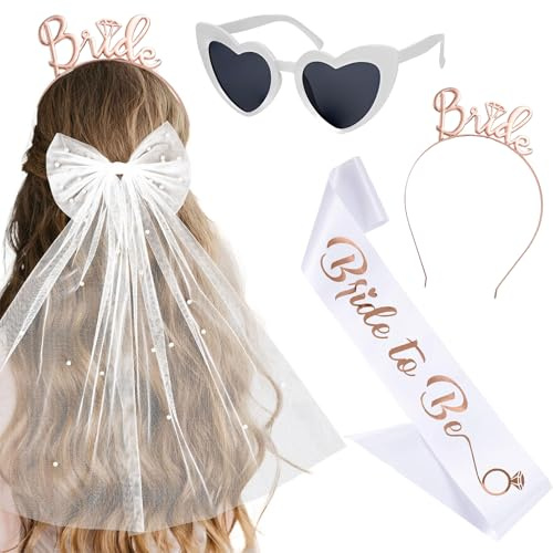JGA Accessoires Frauen Set 4-teilig mit Schleier JGA Weiß Bride to Be Schärpe Rosegold Haarreif Herz Sonnenbrille Deko für Junggesellenabschied Brautparty Hochzeitsfotografie Braut Accessoires
