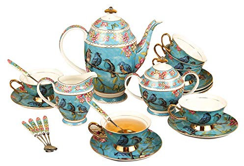 OWOHYG Service à thé 21 pièces pour Adultes Ensemble de Tasses à café en Porcelaine Anglaise Tasse à thé et Soucoupe Coffret Cadeau Sucrier, Pot à Lait, cuillères Style campagnard Rural