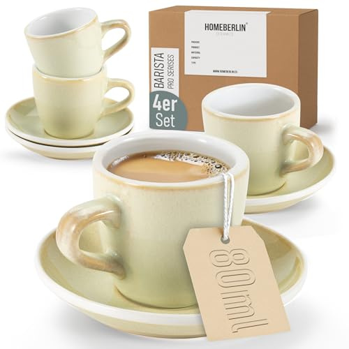HOMEBERLIN® Barista Pro Espressotassen Set - 4x 80ml Espresso Tassen Set - Premium Espressotassen dickwandig aus hochwertigem Steingut inkl. Untertassen - 100% Handfertigung - Espresso Cups