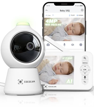 COCOCAM 2K 4MP AI 5 Baby Monitor med kamera 2,4G/5GHZ WiFi, Täckande ansikte/Sovande på mage-detektion, Smart Time Album, AI-detektion, Auto Track, Cry Detection, IR Night Vision, AES-kryptering