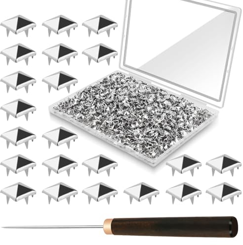 CXIIPOL 1300 Pieces 10 mm Silver Pyramid Studs for Clothing, Four-jaw Square Metal Studs for Crafts, Spike Studs for Leather Crafting, Bags, Shoes, Dog Collars with Awl