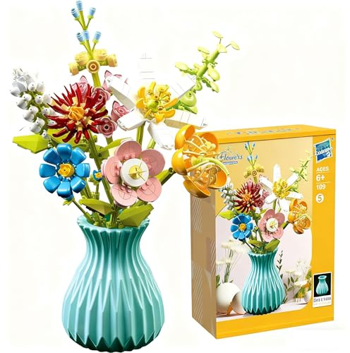 atibi Bouquet de fleurs avec vase - 737 pièces - Puzzle 3D - Fleurs artificielles pour adultes - Blocs de construction créatifs - Jouet DIY - Décoration pour la maison et le bureau - Cadeau créatif